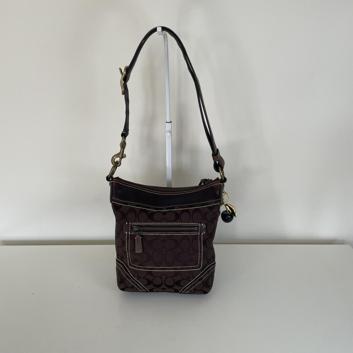 Coach Chocolate Brown Signature Monogram Convertible Shoulder Bucket Bag F061-10402