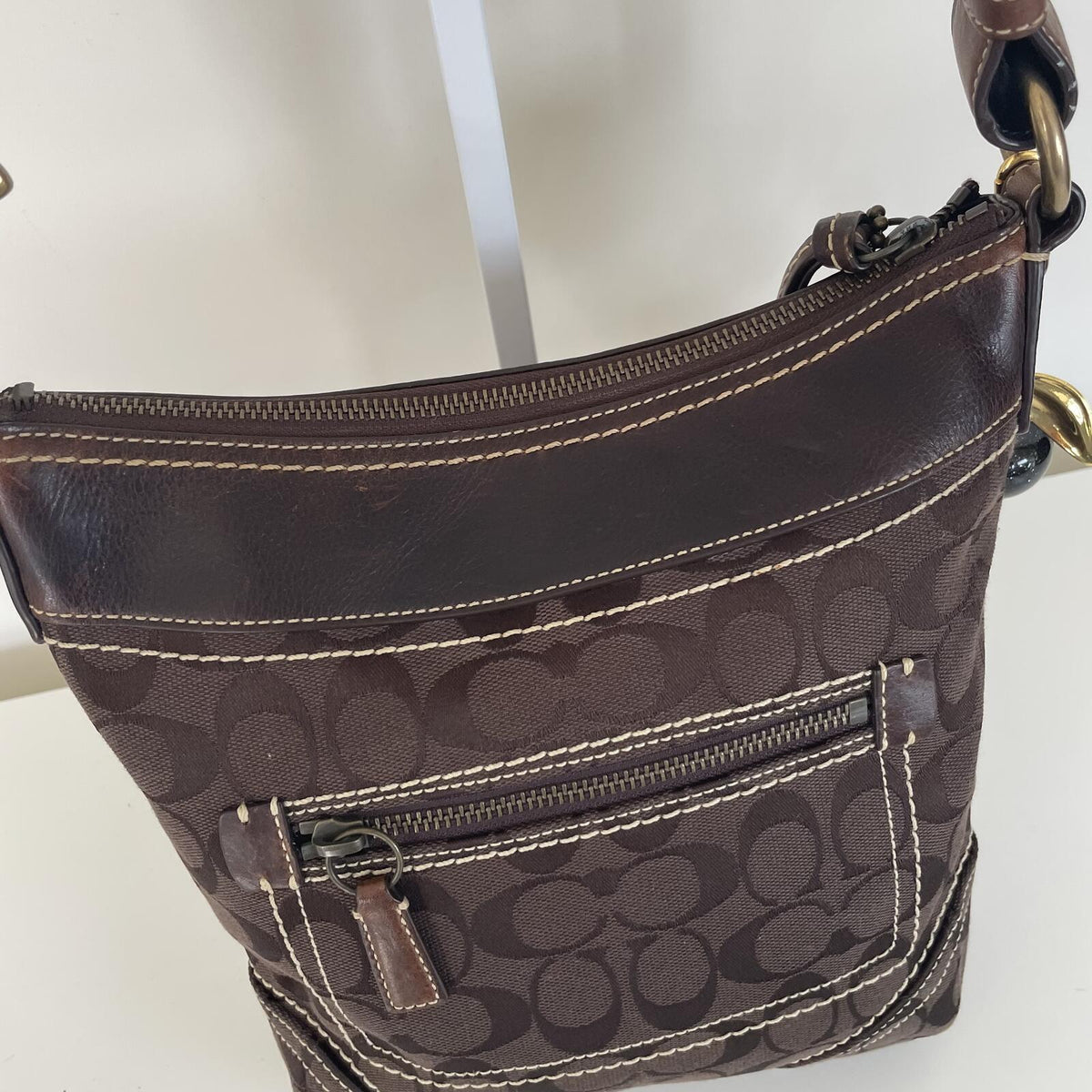 Coach Chocolate Brown Signature Monogram Convertible Shoulder Bucket Bag F061-10402