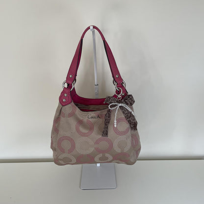 Coach Beige Signature Monogram 3-Compartment Shoulder Bag with Pink Accents
