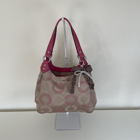 Coach Beige Signature Monogram 3-Compartment Shoulder Bag with Pink Accents