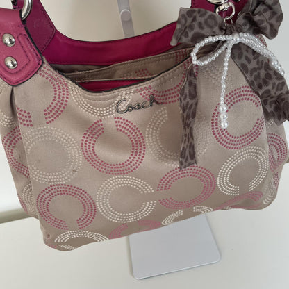 Coach Beige Signature Monogram 3-Compartment Shoulder Bag with Pink Accents