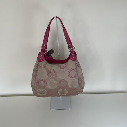 Coach Beige Signature Monogram 3-Compartment Shoulder Bag with Pink Accents