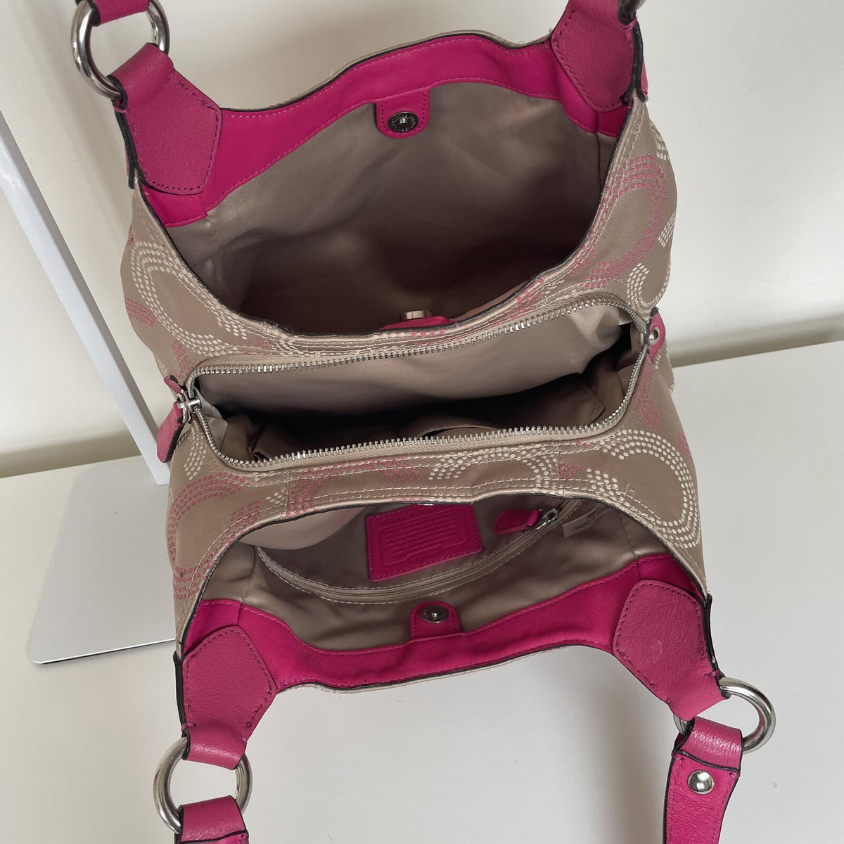Coach Beige Signature Monogram 3-Compartment Shoulder Bag with Pink Accents