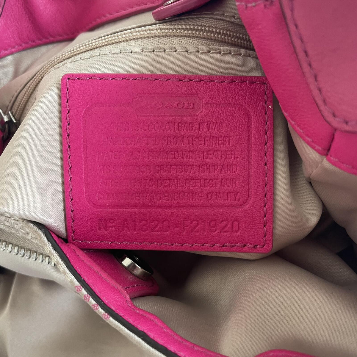 Coach Beige Signature Monogram 3-Compartment Shoulder Bag with Pink Accents