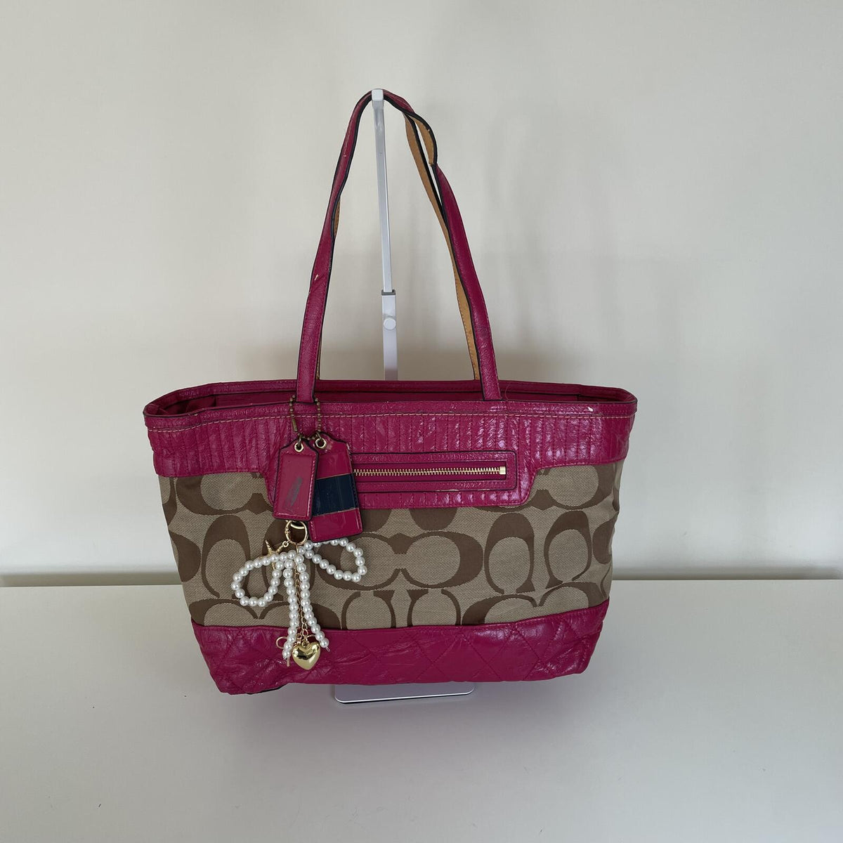 Coach Beige Signature Monogram Shoulder Bag with Pink Accents G1176-18676