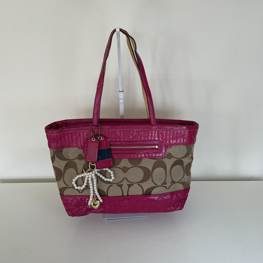 Coach Beige Signature Monogram Shoulder Bag with Pink Accents G1176-18676