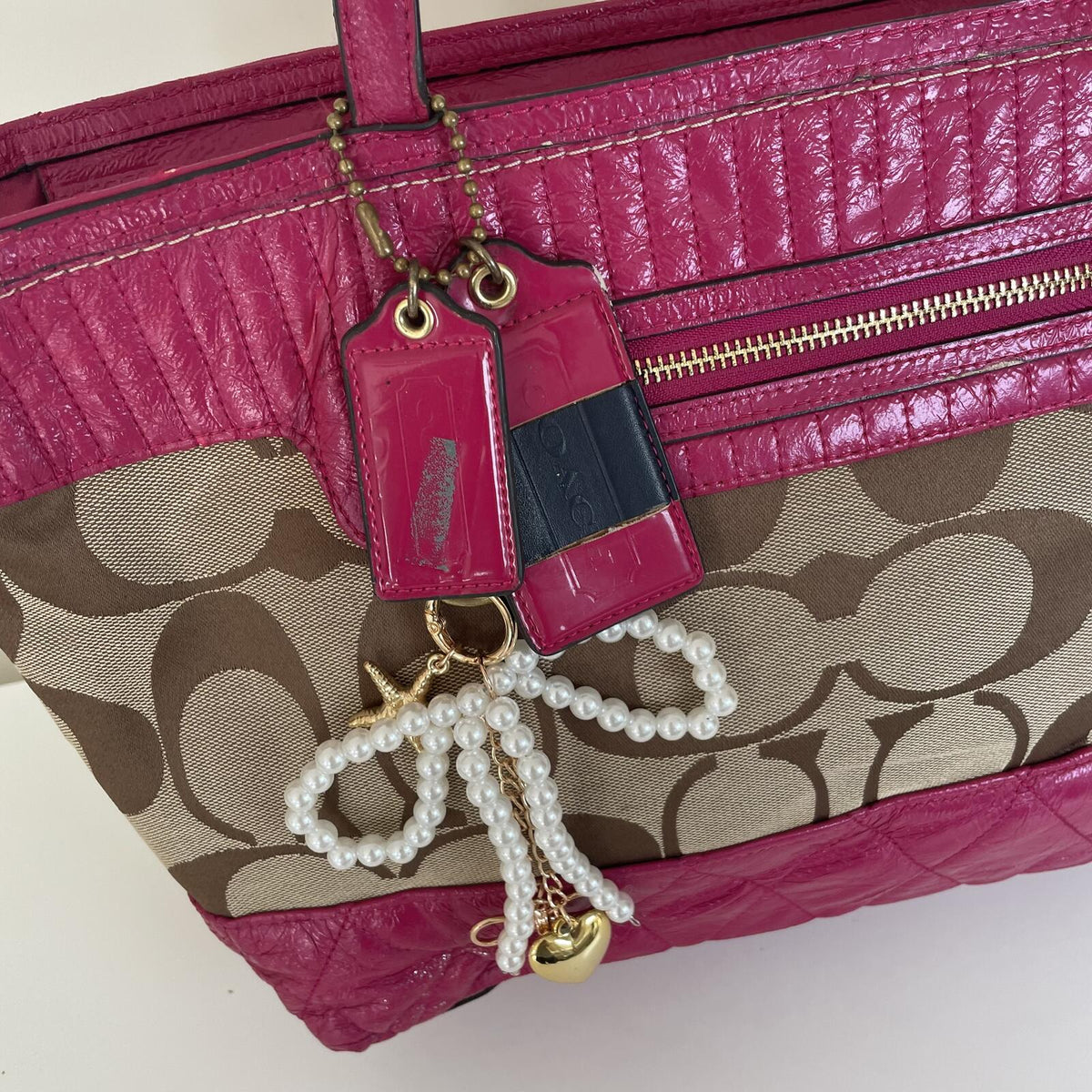 Coach Beige Signature Monogram Shoulder Bag with Pink Accents G1176-18676