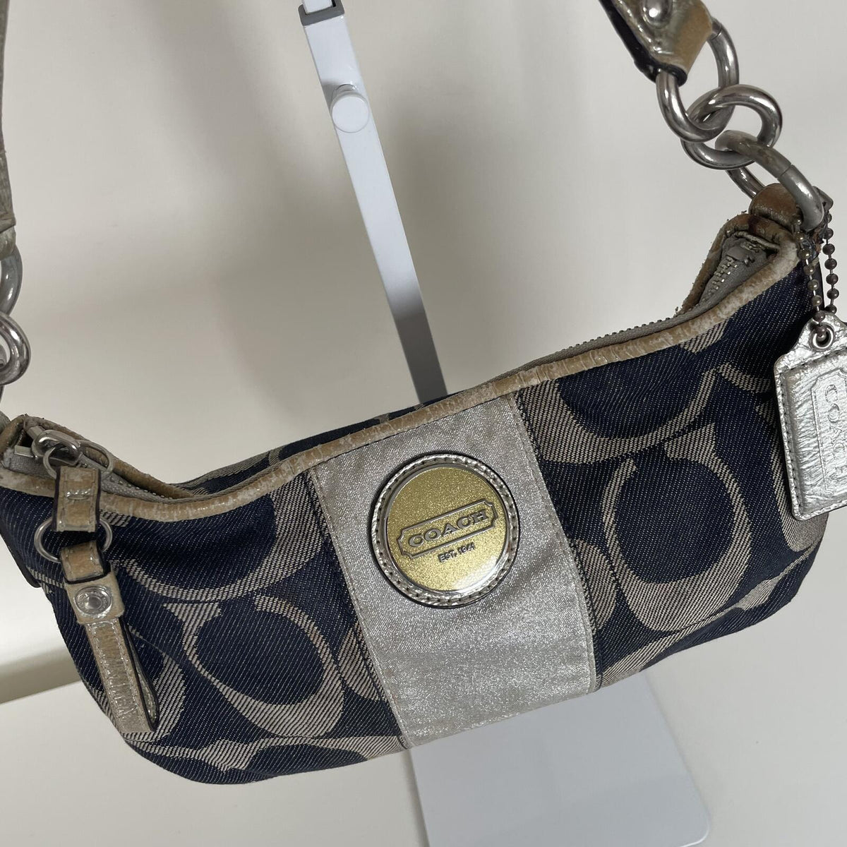 Coach Blue Denim Grey Stripe Canvas Shoulder Bag F1163-F174391