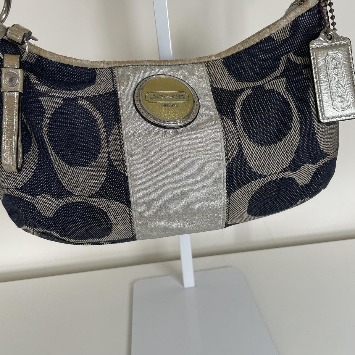 Coach Blue Denim Grey Stripe Canvas Shoulder Bag F1163-F174391
