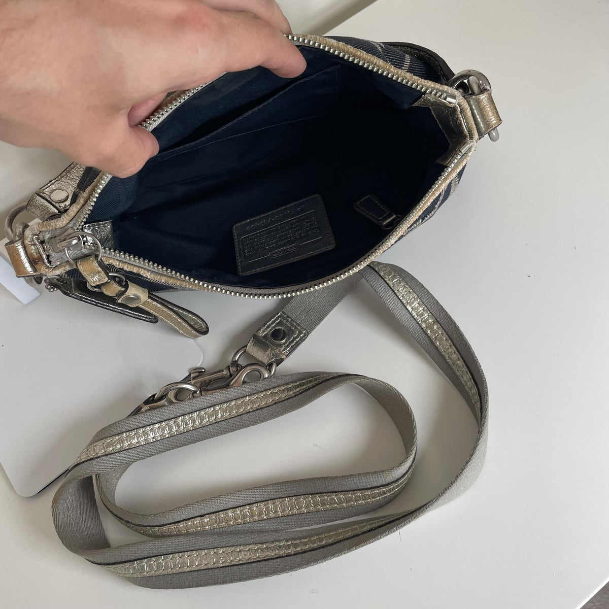 Coach Blue Denim Grey Stripe Canvas Shoulder Bag F1163-F174391