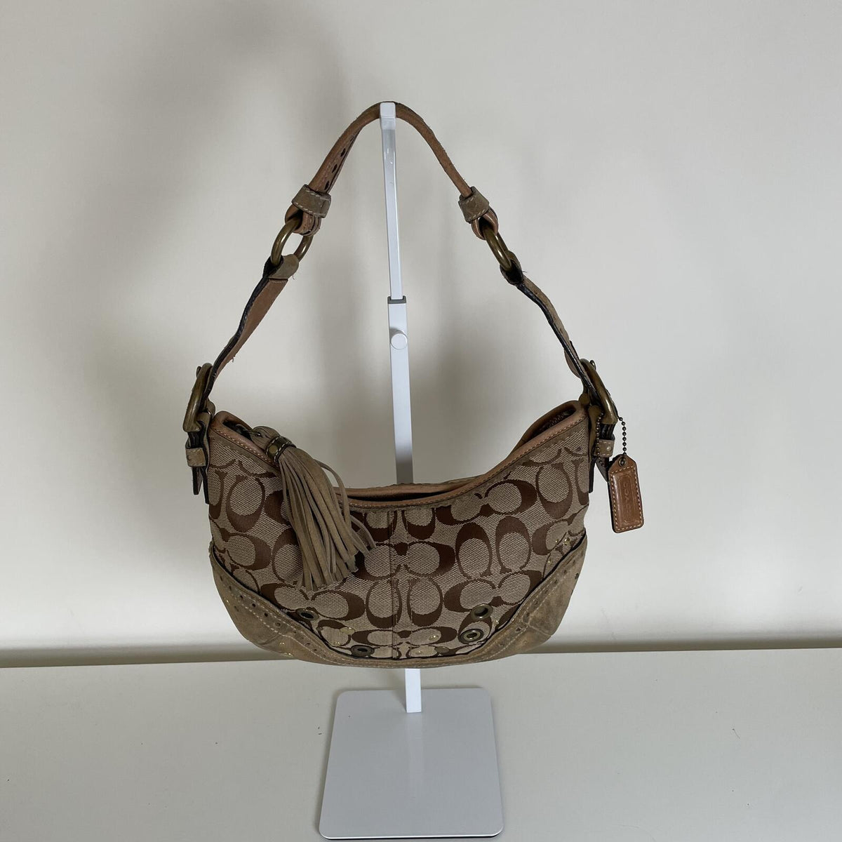 Coach Beige Signature Monogram Studded Shoulder Bag Handbag Purse Y2K G04M-9452