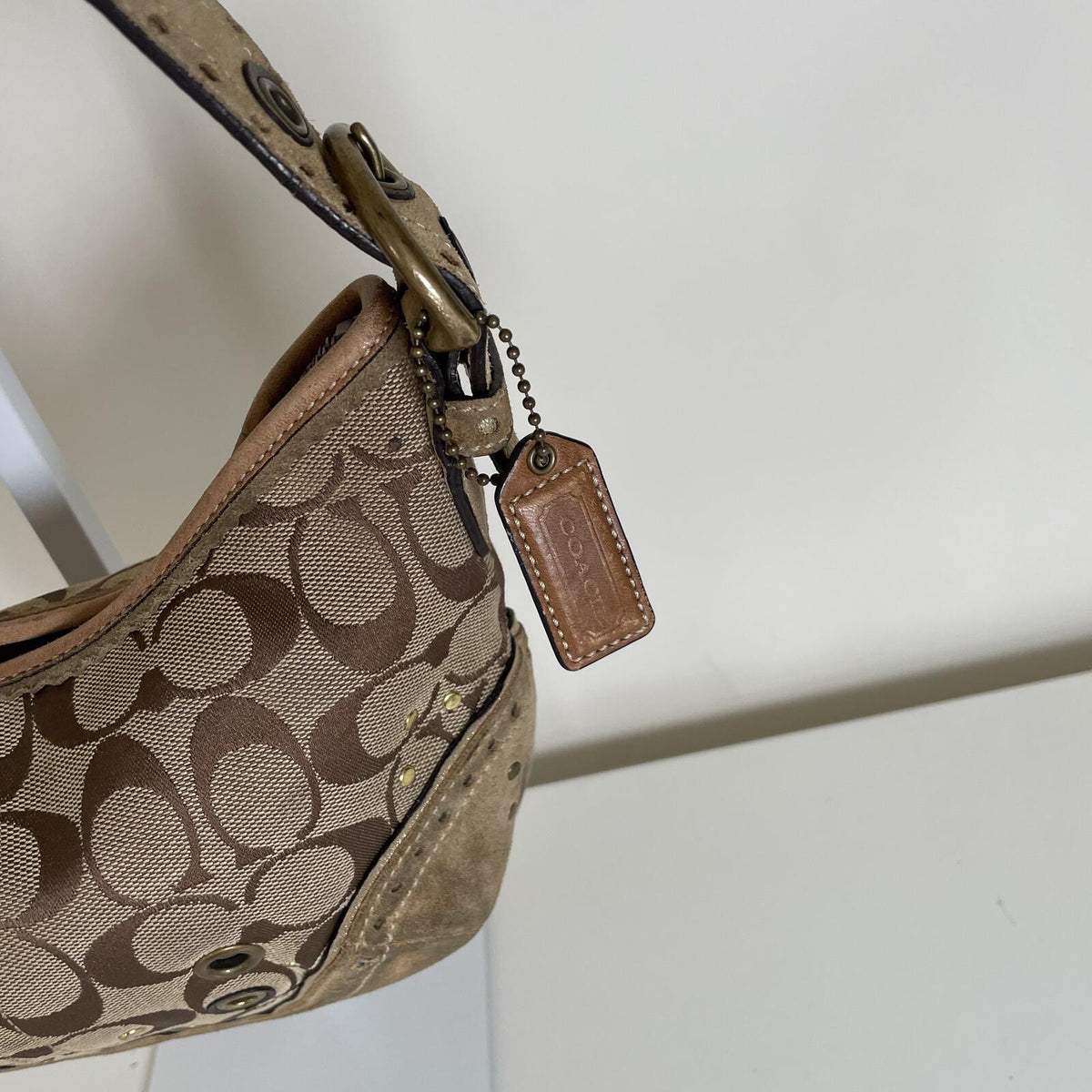 Coach Beige Signature Monogram Studded Shoulder Bag Handbag Purse Y2K G04M-9452