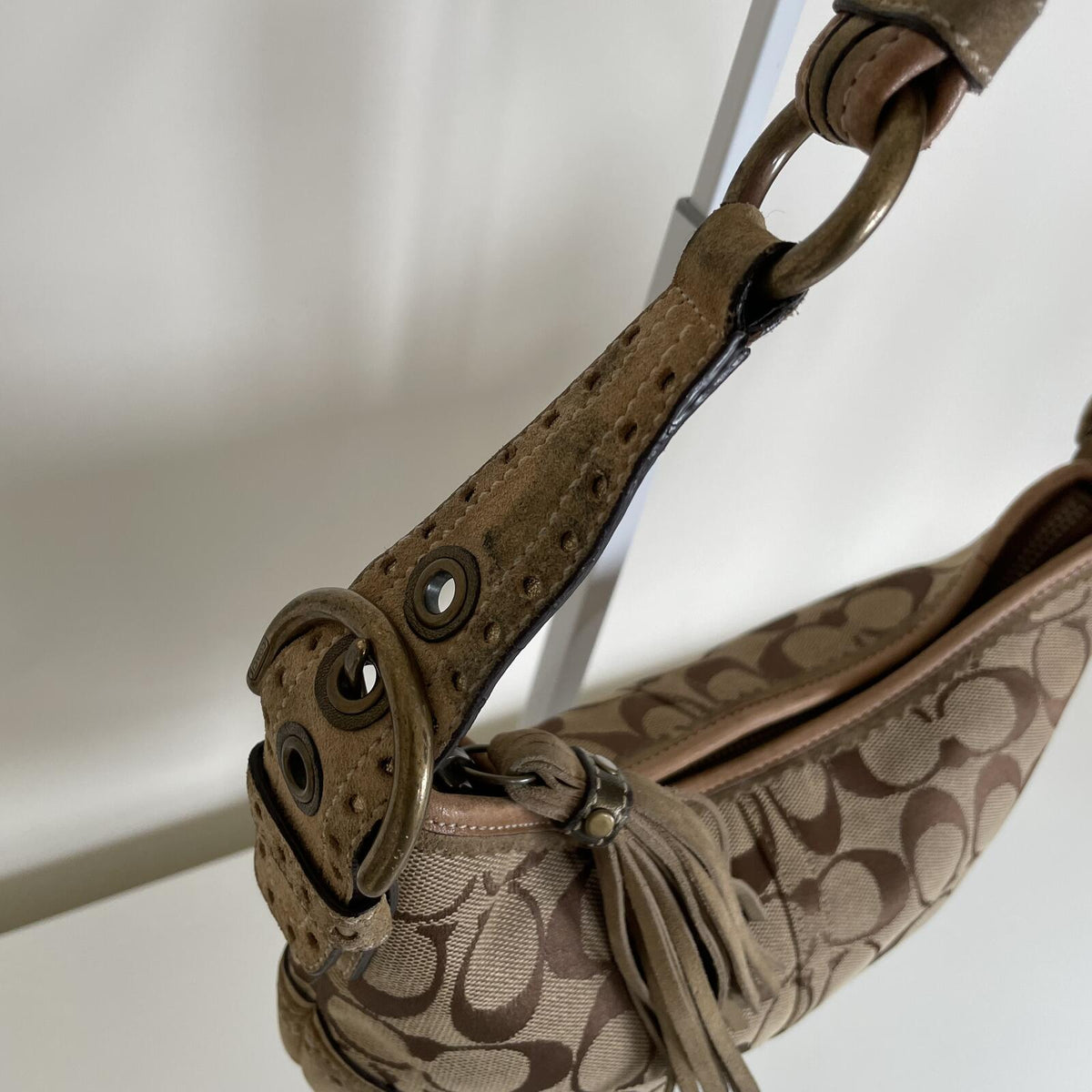 Coach Beige Signature Monogram Studded Shoulder Bag Handbag Purse Y2K G04M-9452