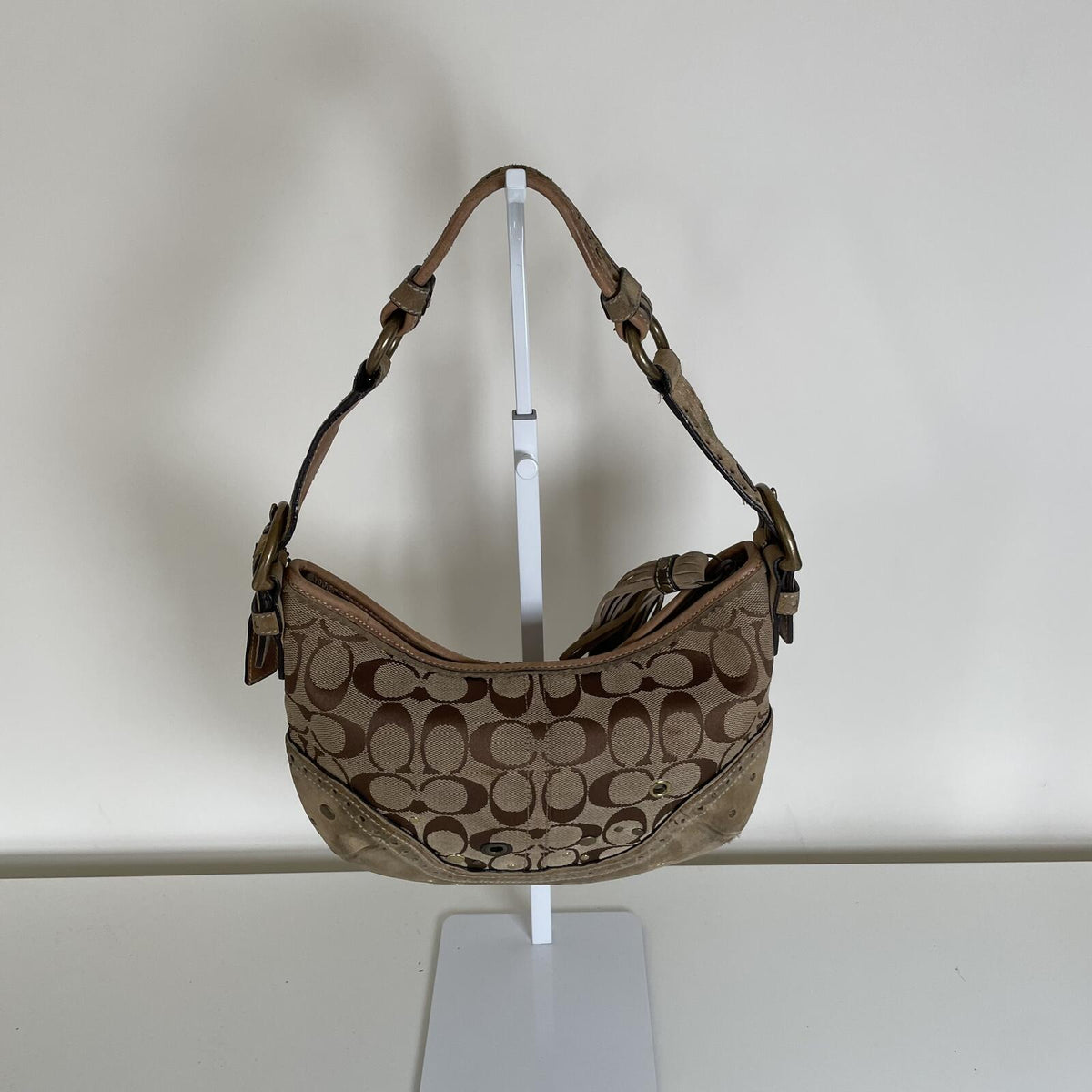 Coach Beige Signature Monogram Studded Shoulder Bag Handbag Purse Y2K G04M-9452