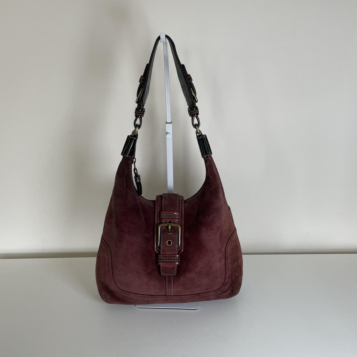 Coach Suede Hampton Buckle Front Shoulder Bag Burgundy F04S-7472