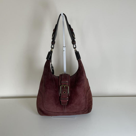 Coach Suede Hampton Buckle Front Shoulder Bag Burgundy F04S-7472