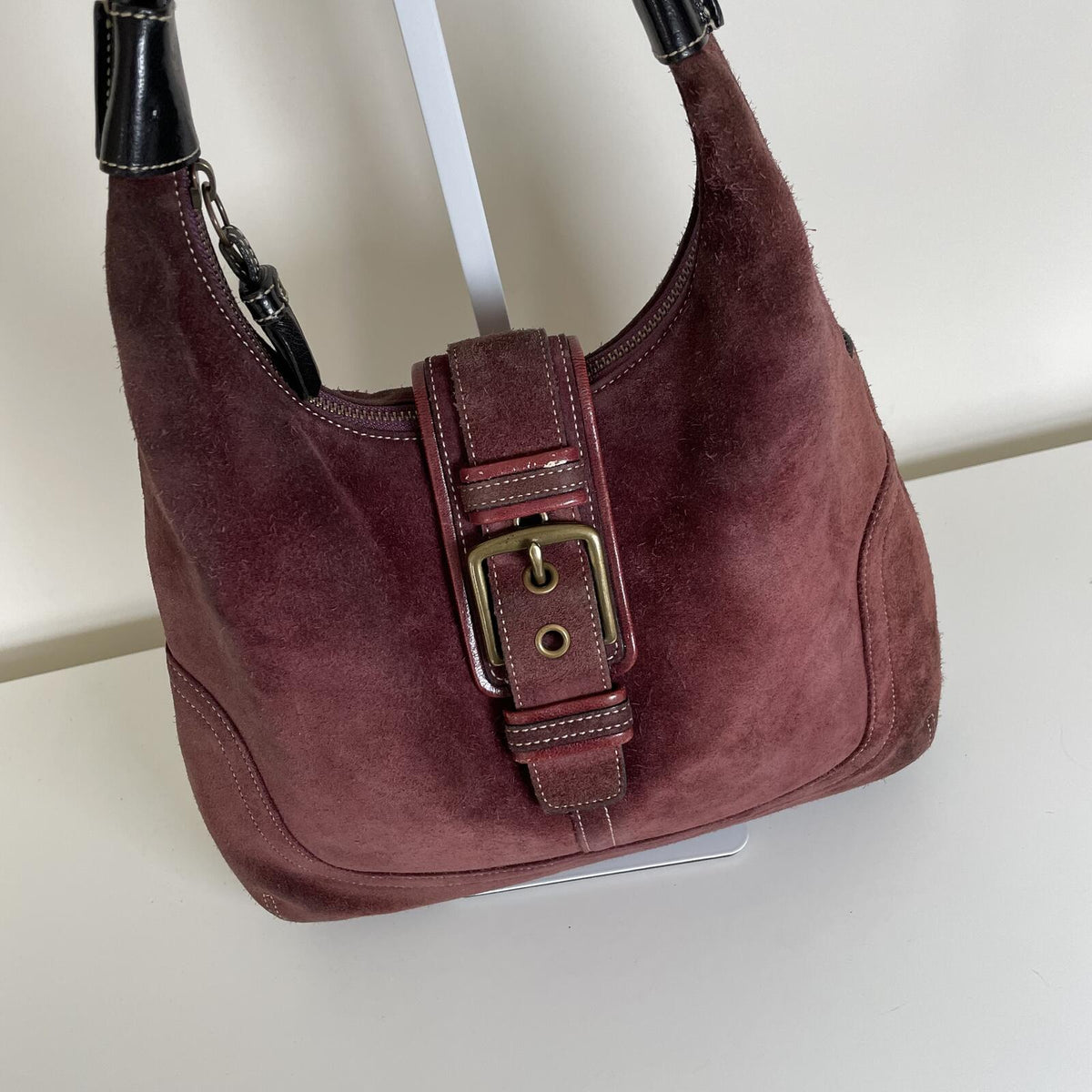 Coach Suede Hampton Buckle Front Shoulder Bag Burgundy F04S-7472