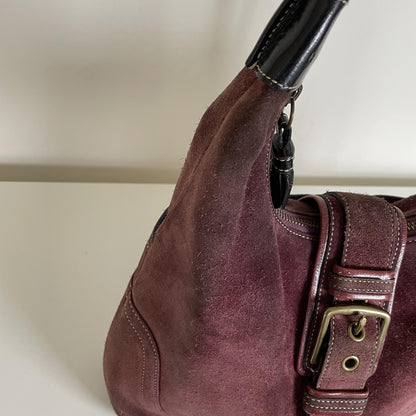 Coach Suede Hampton Buckle Front Shoulder Bag Burgundy F04S-7472