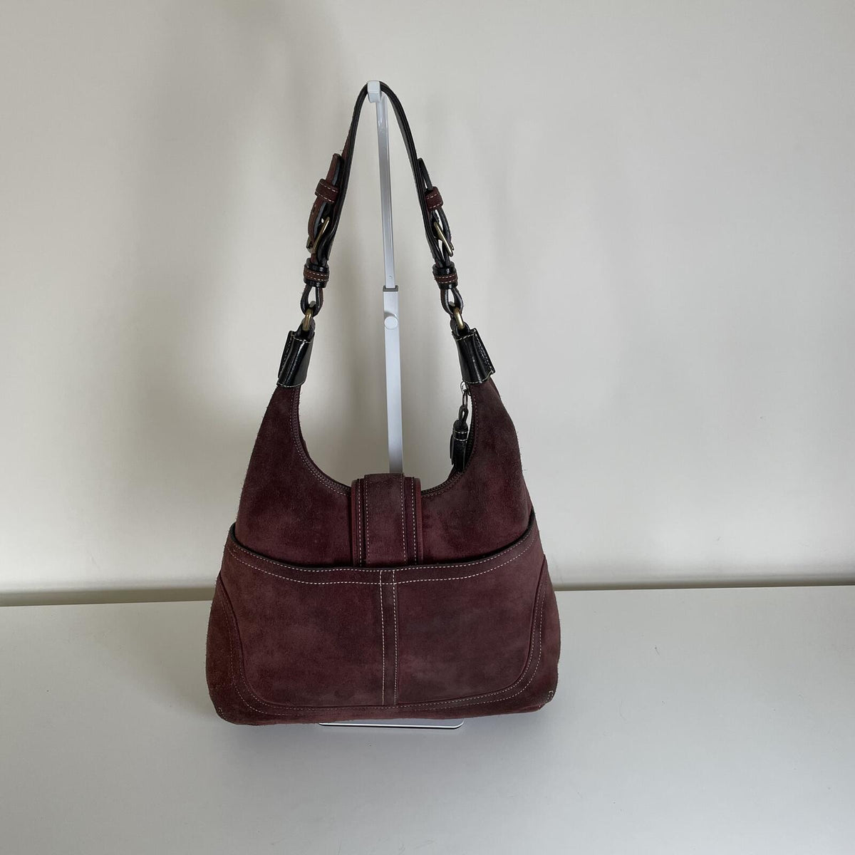 Coach Suede Hampton Buckle Front Shoulder Bag Burgundy F04S-7472