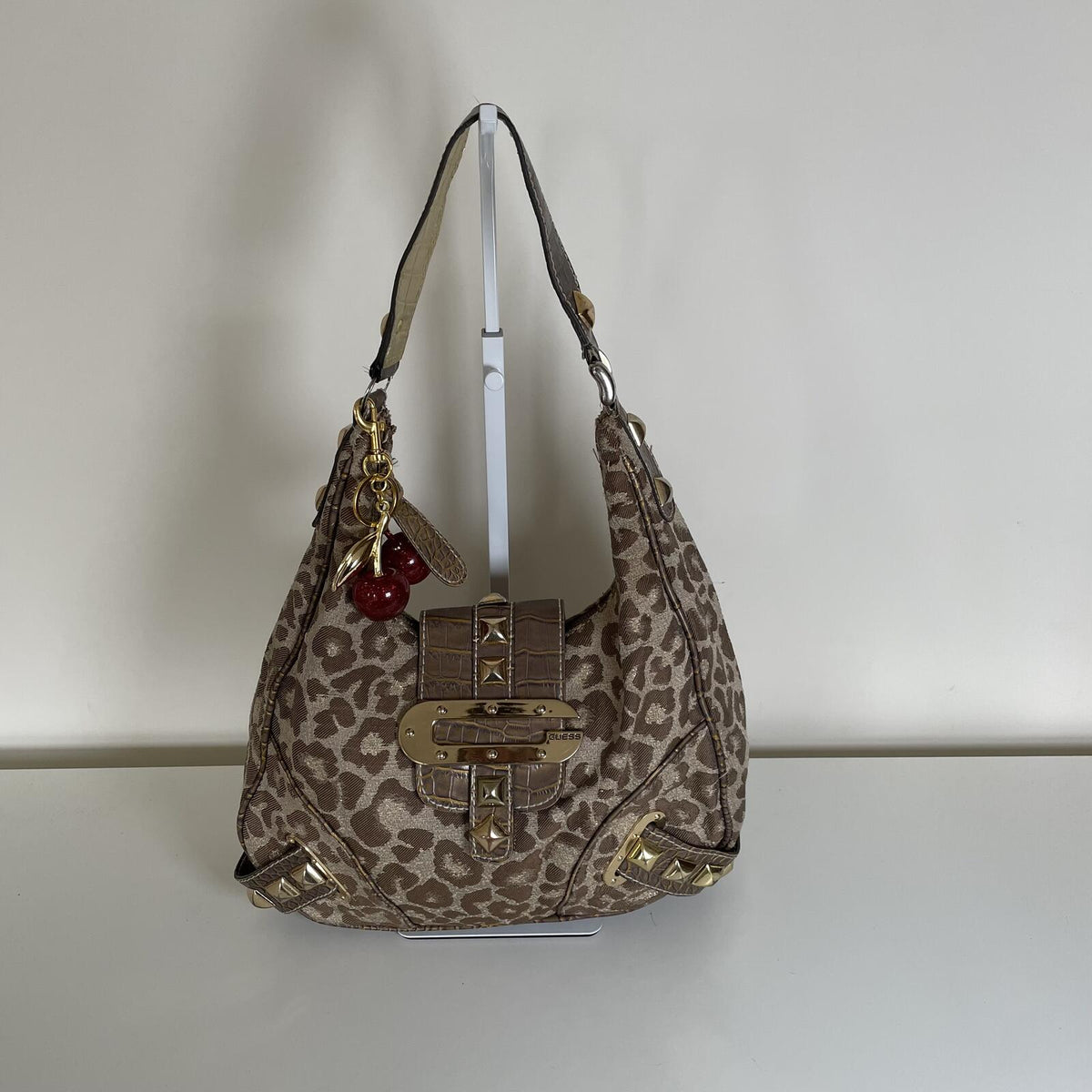 Guess Brown Cheetah Print Studded Shoulder Bag Handbag