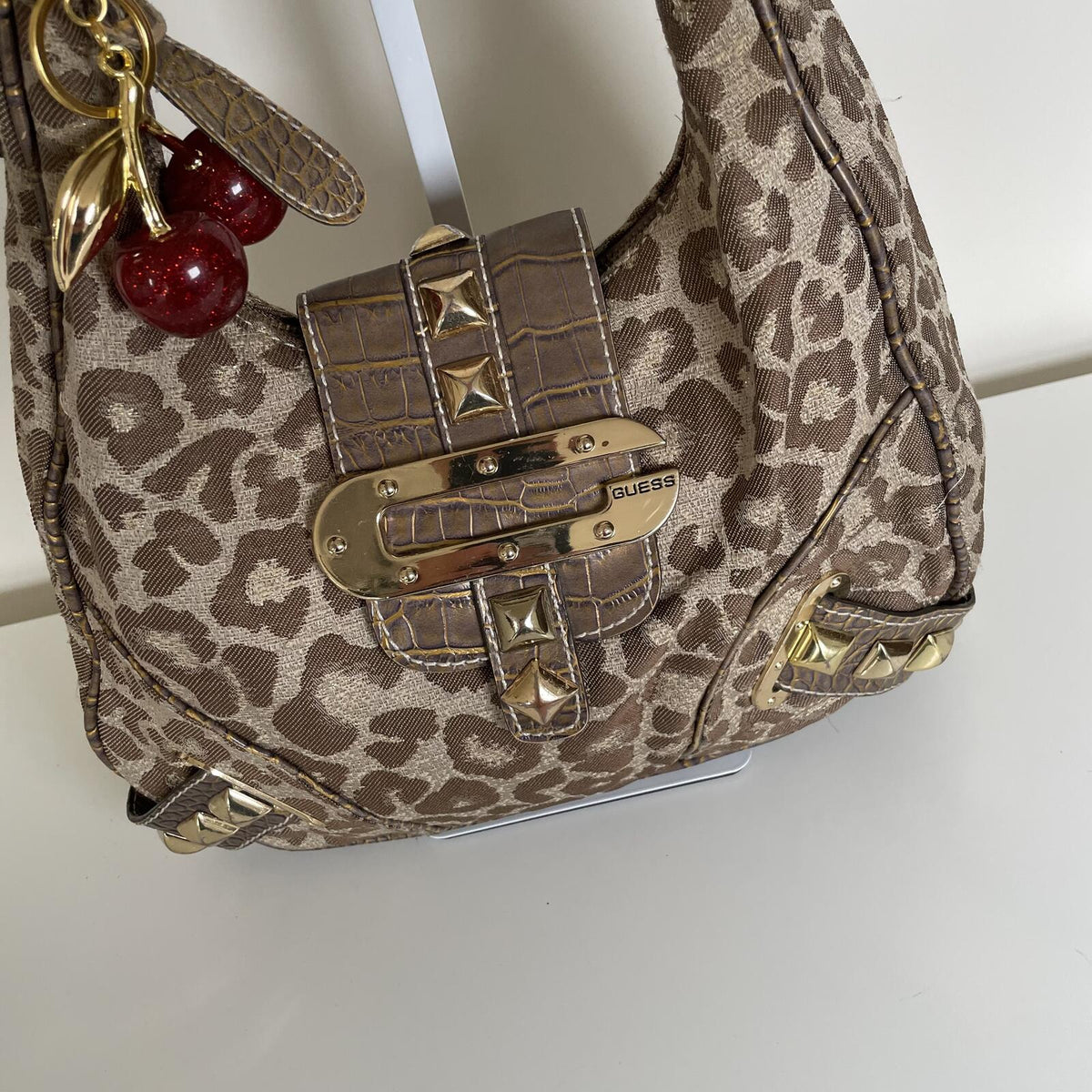 Guess Brown Cheetah Print Studded Shoulder Bag Handbag
