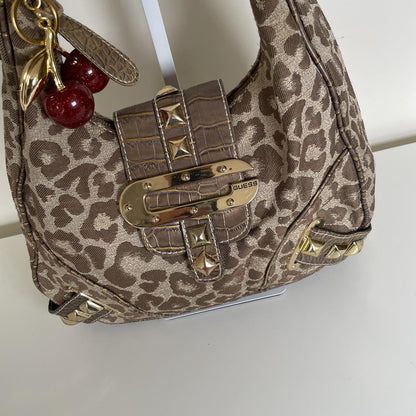Guess Brown Cheetah Print Studded Shoulder Bag Handbag