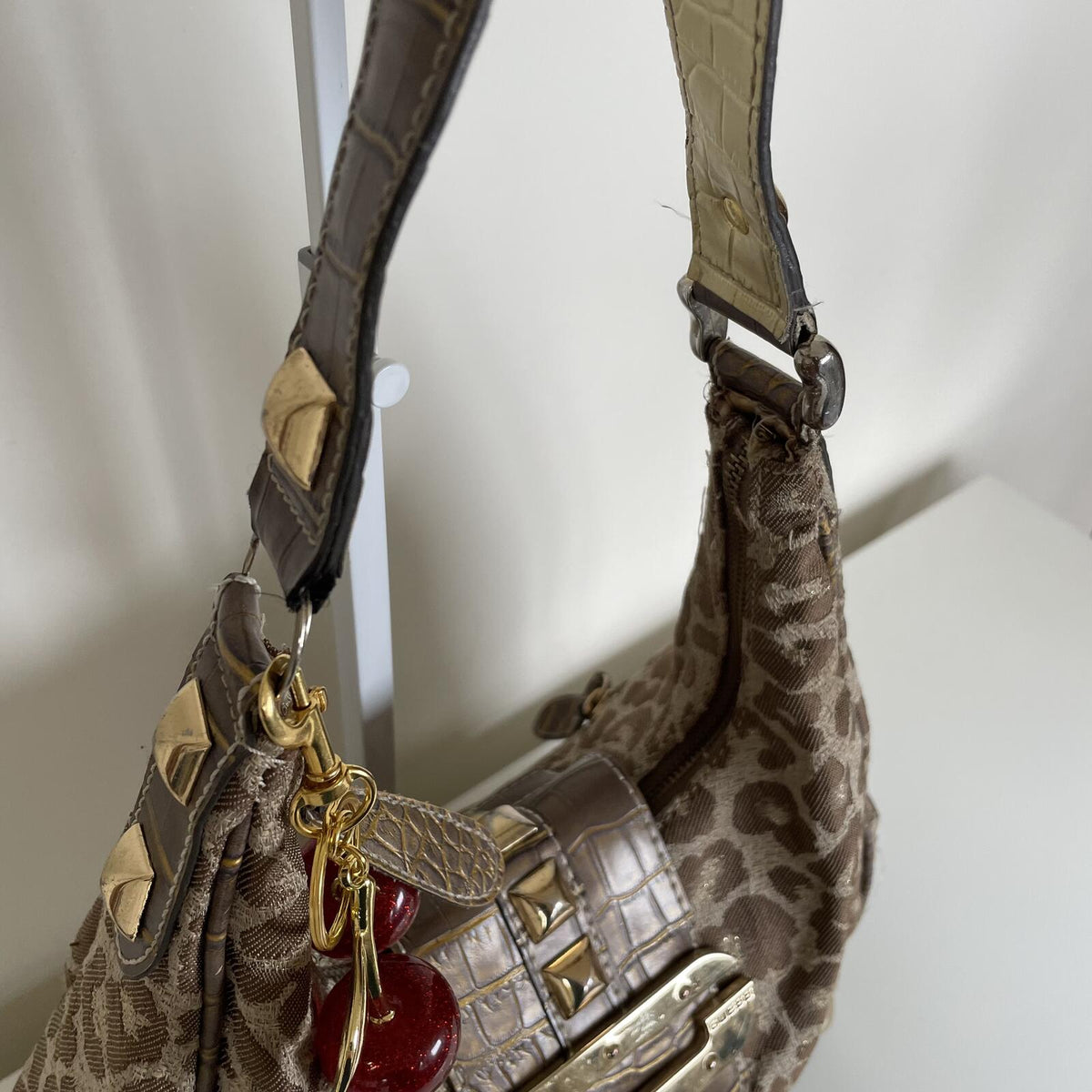 Guess Brown Cheetah Print Studded Shoulder Bag Handbag
