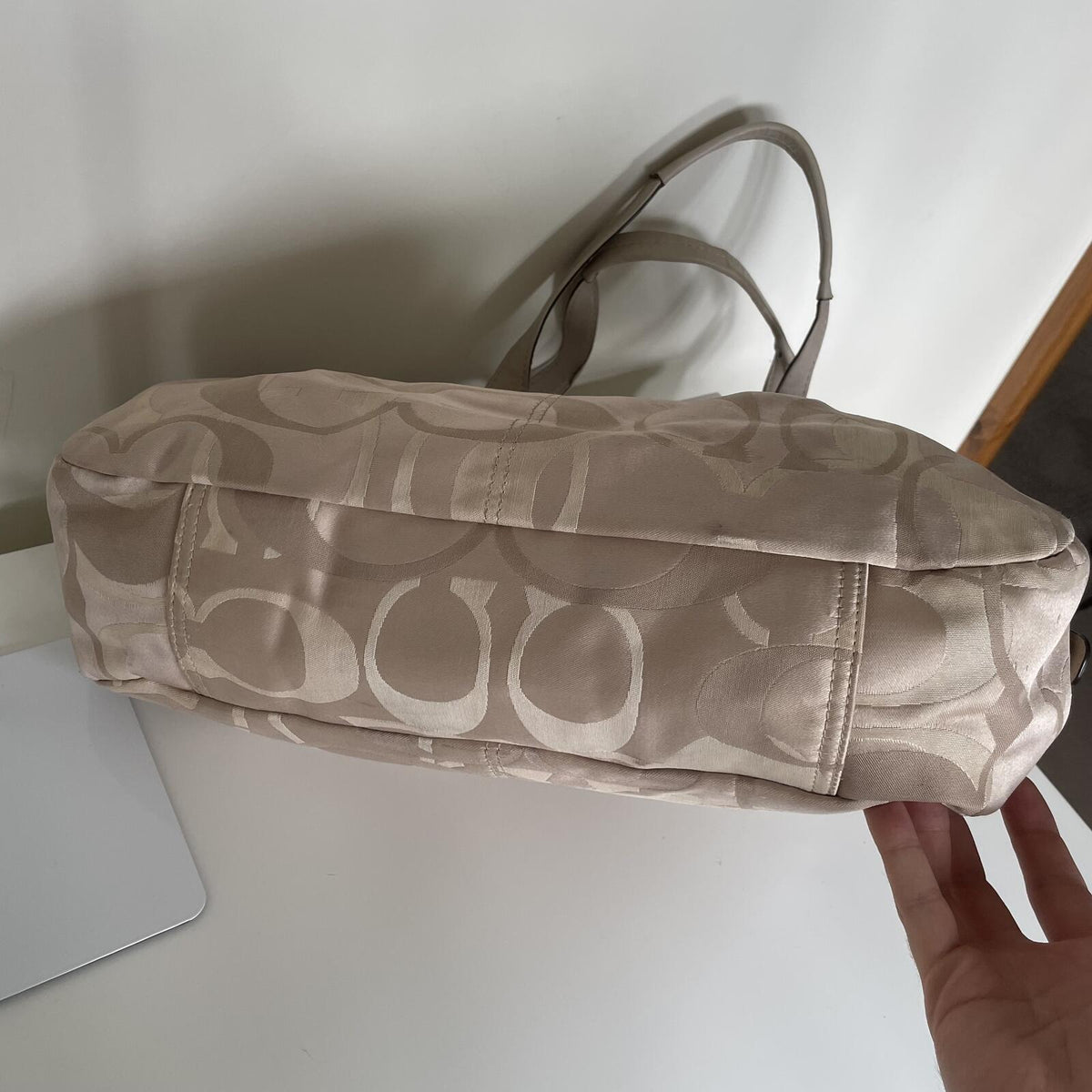 Coach Beige Monogram Sateen 3 Compartment Shoulder Bag M1120-F18826