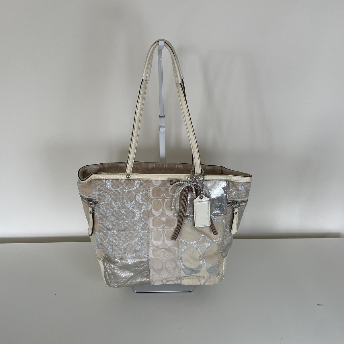 Vintage Y2K Coach Beige Signature Monogram Patchwork Metallic Tote Bag L0873-73498