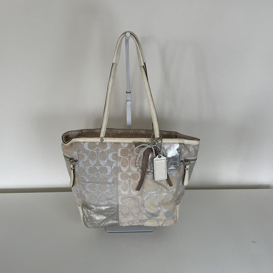 Vintage Y2K Coach Beige Signature Monogram Patchwork Metallic Tote Bag L0873-73498