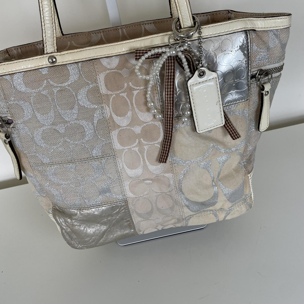 Vintage Y2K Coach Beige Signature Monogram Patchwork Metallic Tote Bag L0873-73498