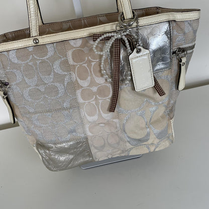 Vintage Y2K Coach Beige Signature Monogram Patchwork Metallic Tote Bag L0873-73498