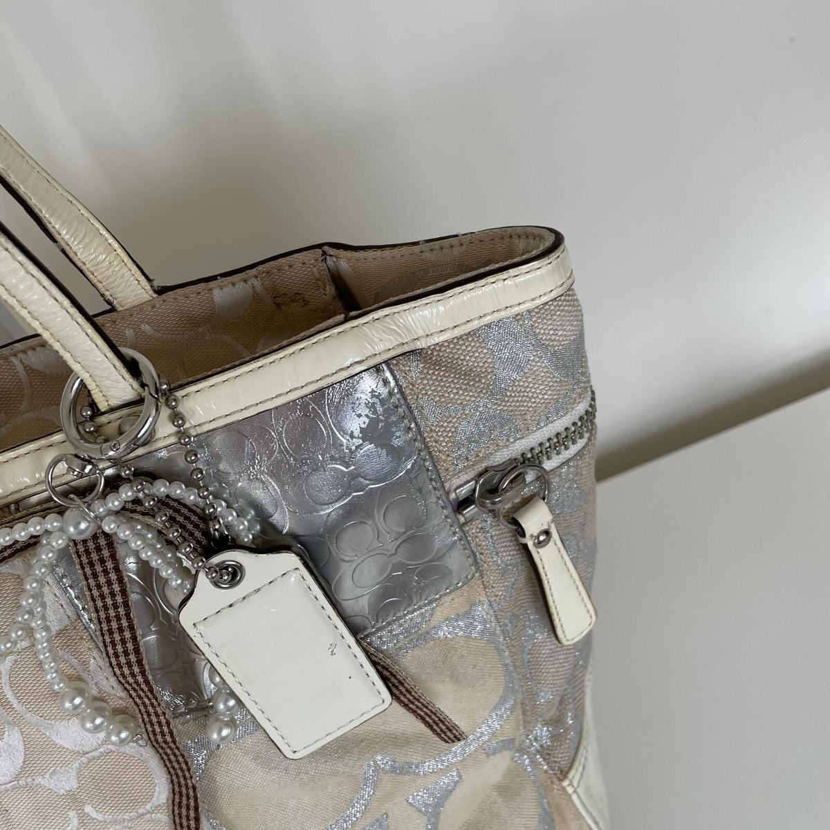 Vintage Y2K Coach Beige Signature Monogram Patchwork Metallic Tote Bag L0873-73498