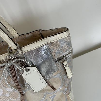Vintage Y2K Coach Beige Signature Monogram Patchwork Metallic Tote Bag L0873-73498
