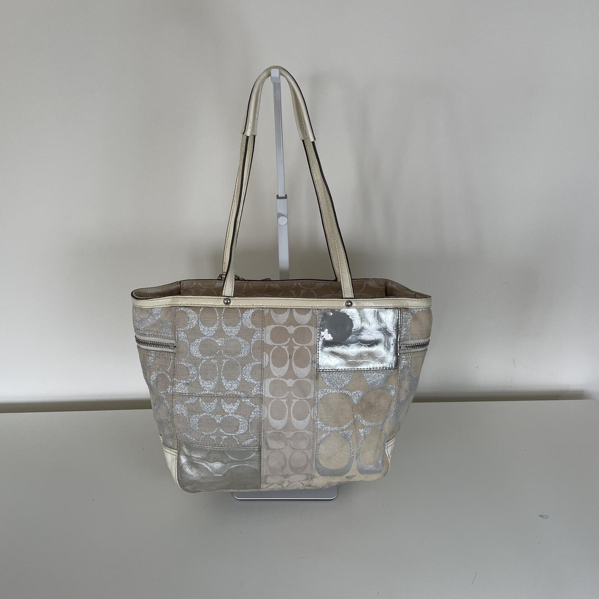 Vintage Y2K Coach Beige Signature Monogram Patchwork Metallic Tote Bag L0873-73498