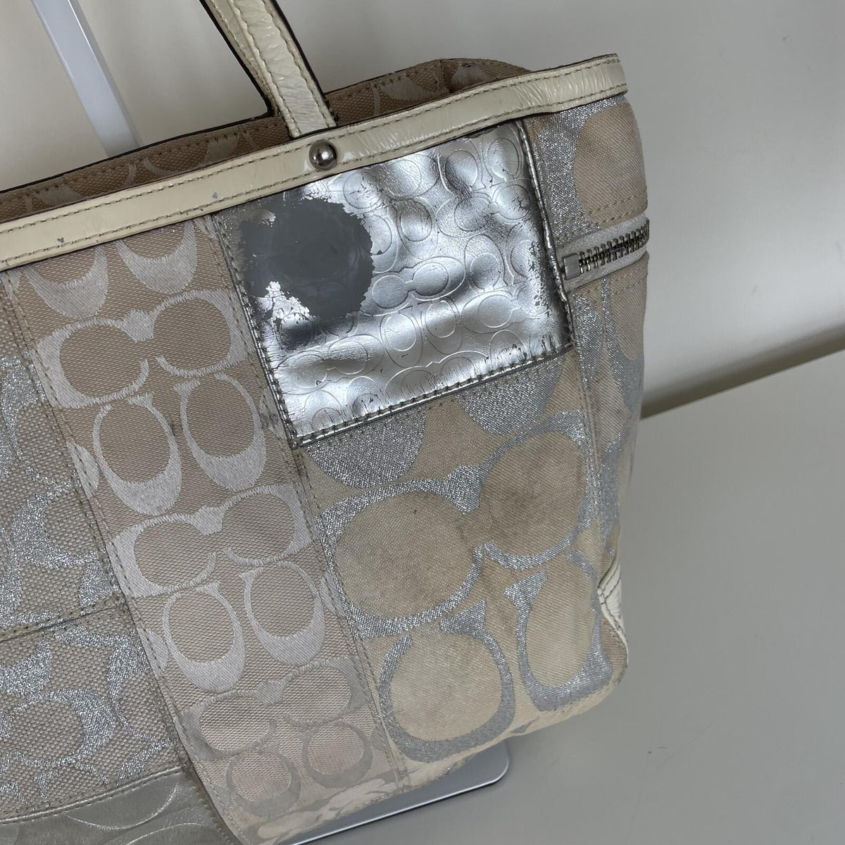 Vintage Y2K Coach Beige Signature Monogram Patchwork Metallic Tote Bag L0873-73498