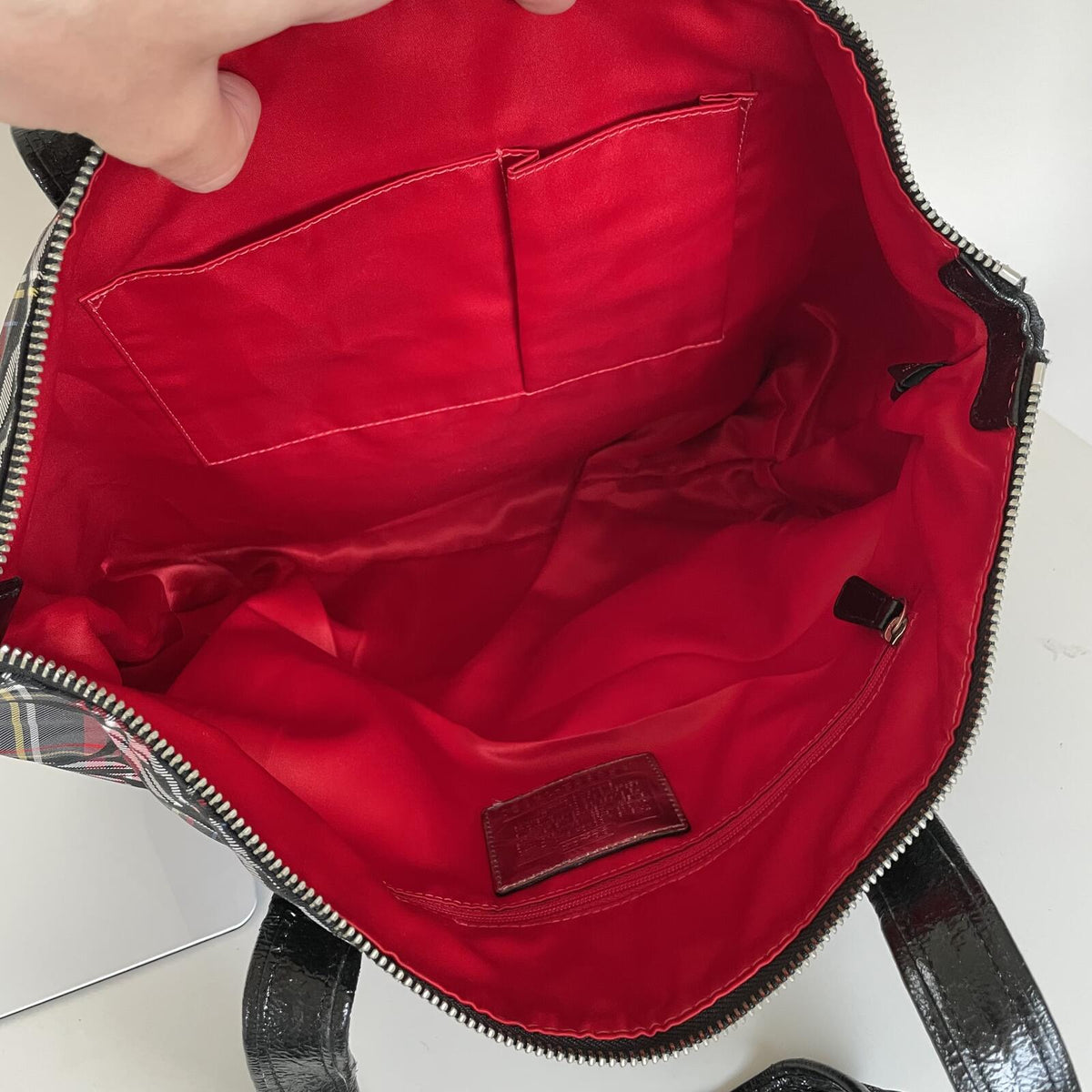 Coach Plaid Poppy Tote Bag Black and Red F0982-14360