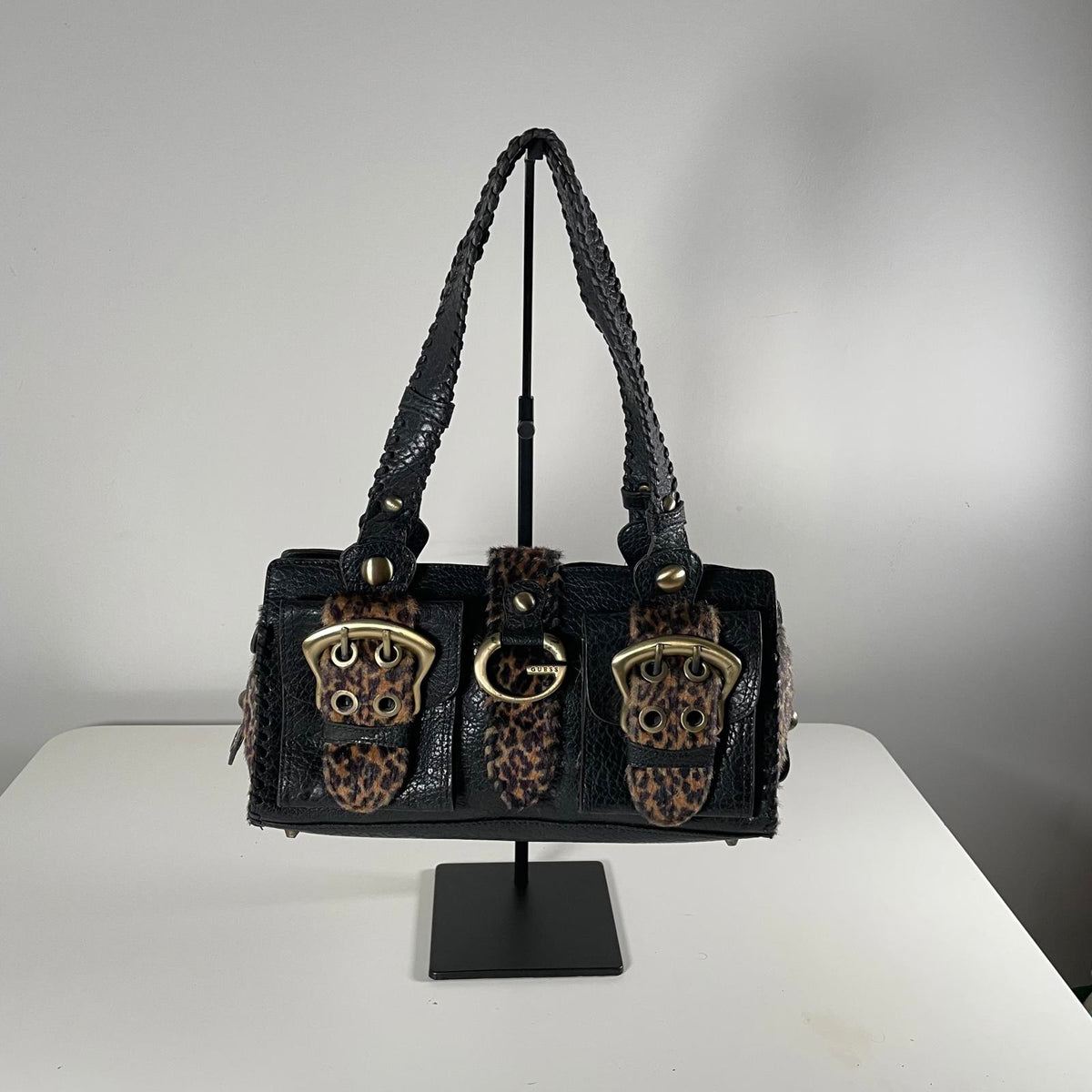 Rare Vintage Guess Y2K Leopard Faux Fur Leather Buckle Shoulder Bag