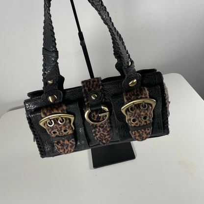 Rare Vintage Guess Y2K Leopard Faux Fur Leather Buckle Shoulder Bag