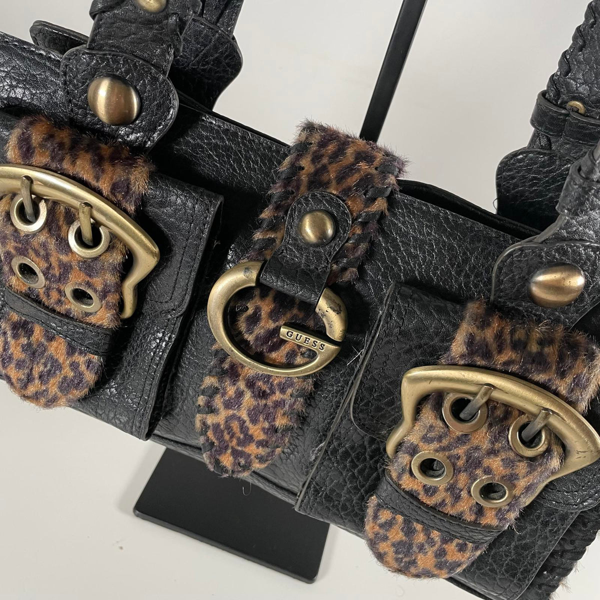 Rare Vintage Guess Y2K Leopard Faux Fur Leather Buckle Shoulder Bag