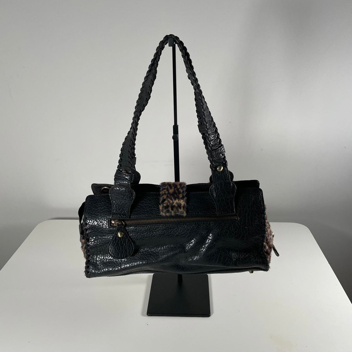 Rare Vintage Guess Y2K Leopard Faux Fur Leather Buckle Shoulder Bag