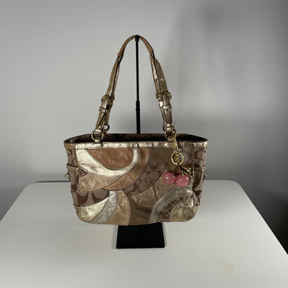 Coach Gold Mosaic Patchwork Shoulder Bag Turn lock Side E0993-F14004