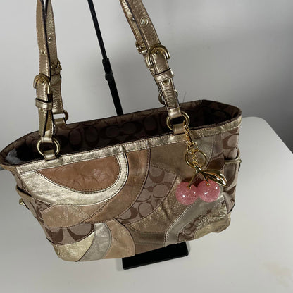 Coach Gold Mosaic Patchwork Shoulder Bag Turn lock Side E0993-F14004