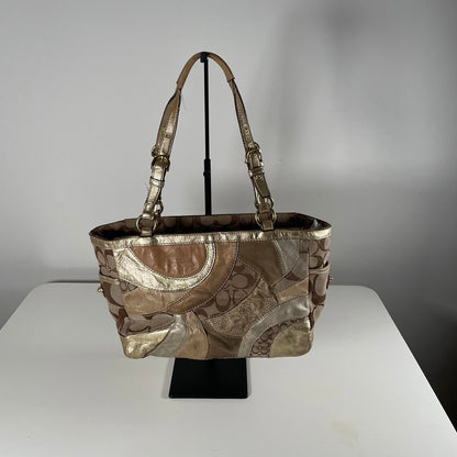 Coach Gold Mosaic Patchwork Shoulder Bag Turn lock Side E0993-F14004