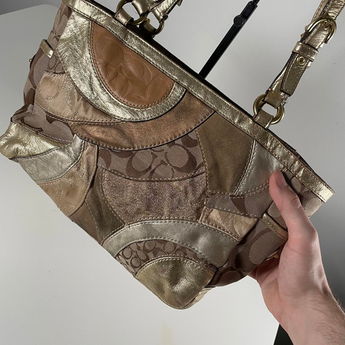 Coach Gold Mosaic Patchwork Shoulder Bag Turn lock Side E0993-F14004