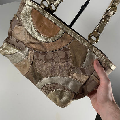 Coach Gold Mosaic Patchwork Shoulder Bag Turn lock Side E0993-F14004