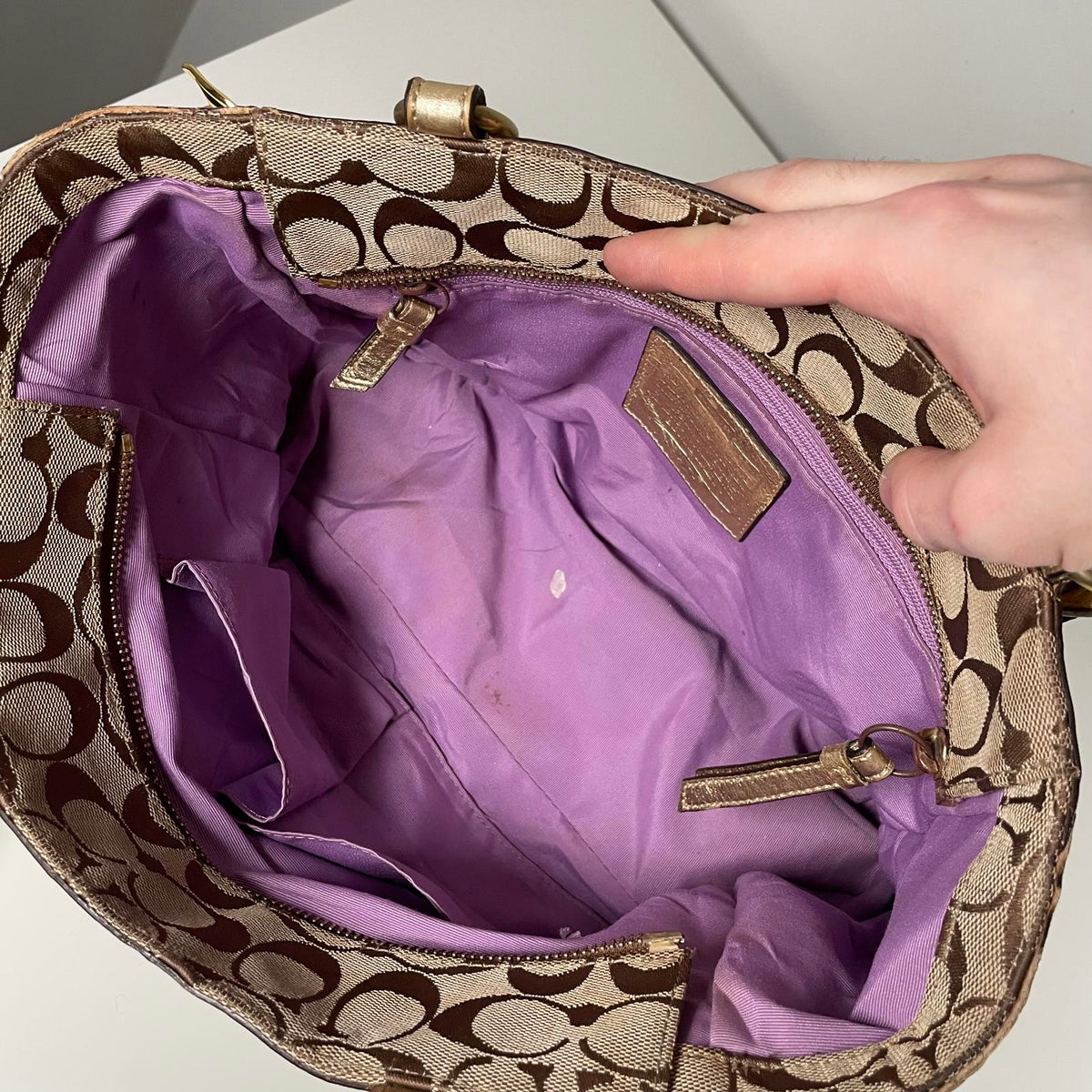 Coach Gold Mosaic Patchwork Shoulder Bag Turn lock Side E0993-F14004