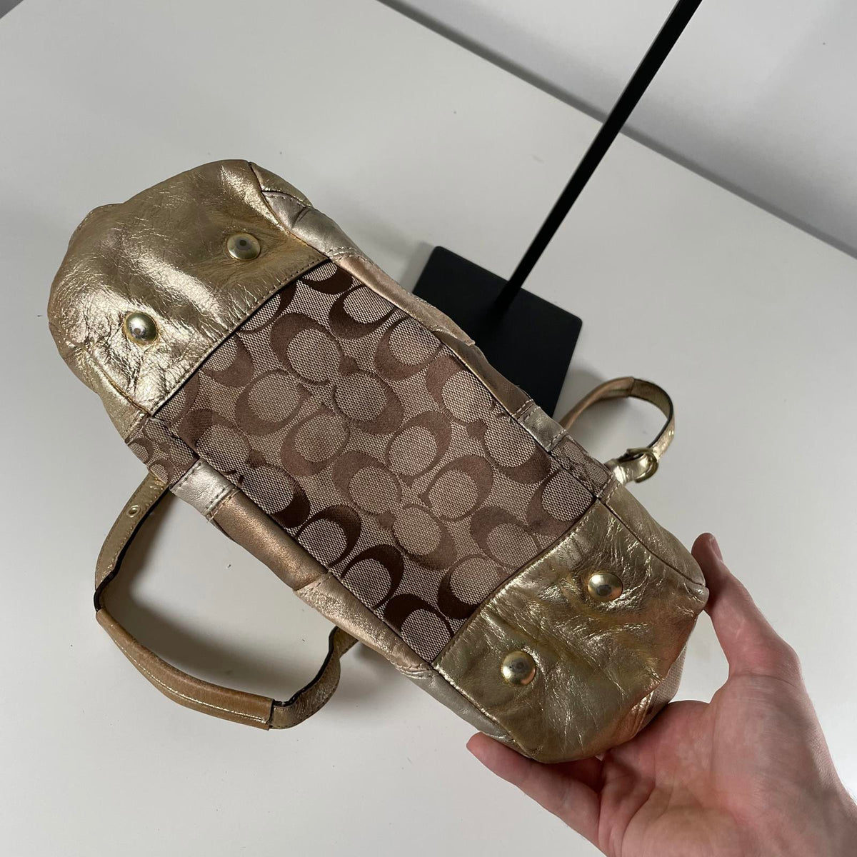 Coach Gold Mosaic Patchwork Shoulder Bag Turn lock Side E0993-F14004