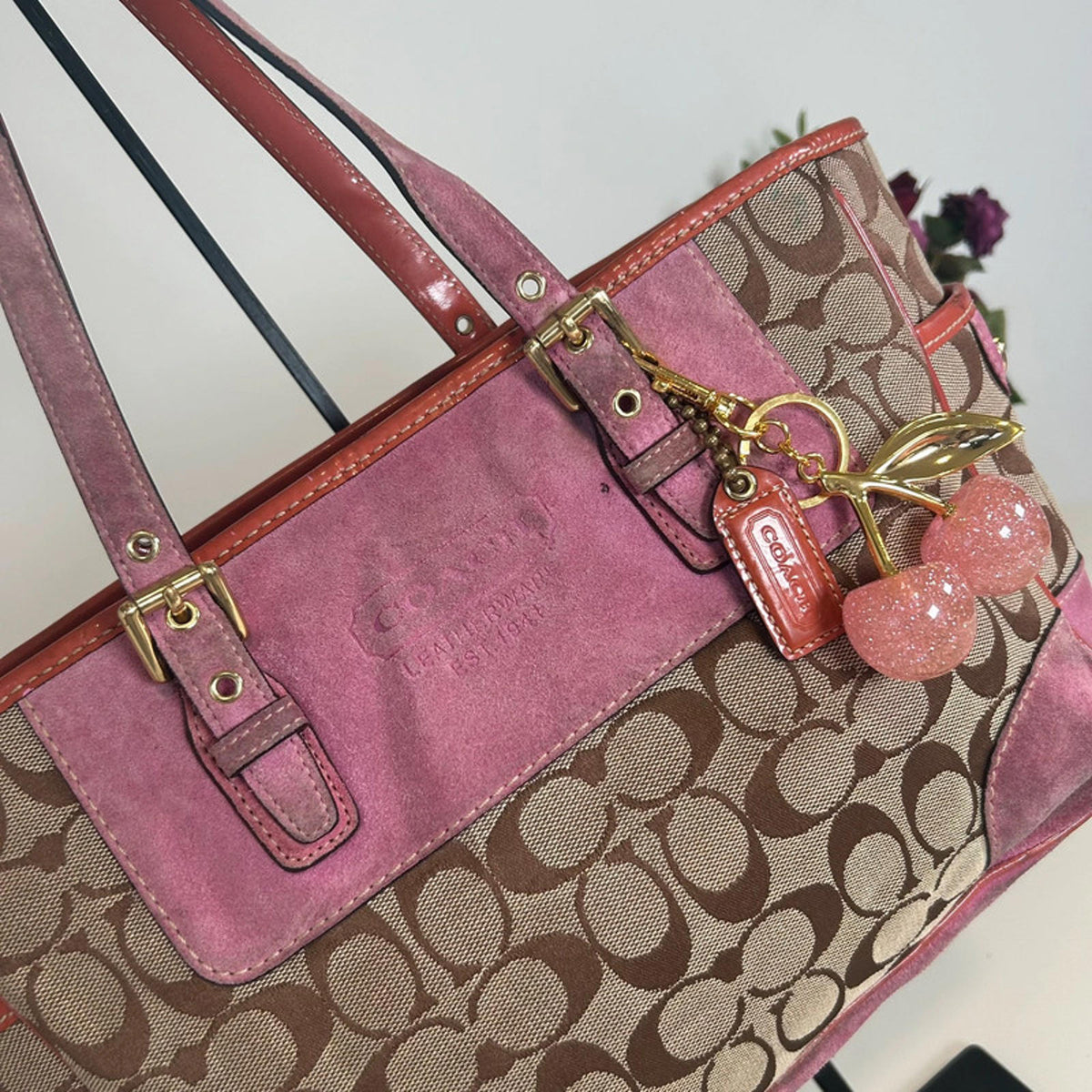 Coach Pink Suede and Monogram Tote Shoulder Bag K04Q-1443