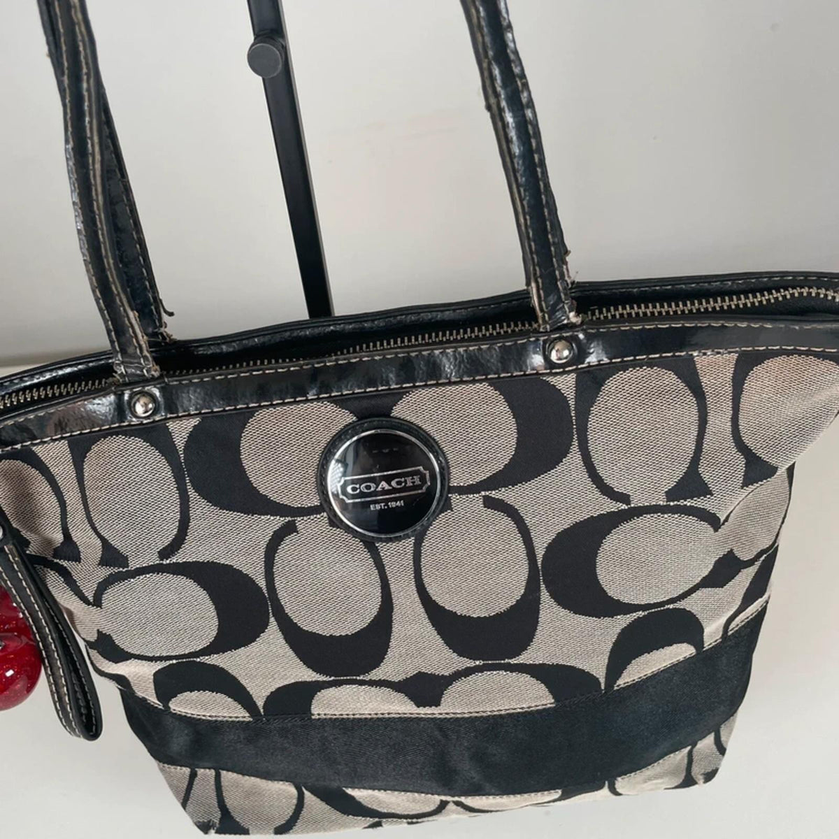 Coach Black Signature Stripe Canvas Shoulder Tote Bag B1261-F17433